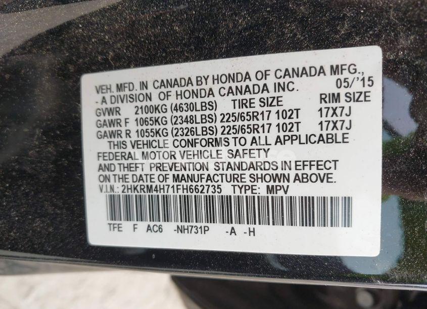 Photo 9 of 2015 Honda Cr-v EX-L (VIN 2HKRM4H71FH662735)