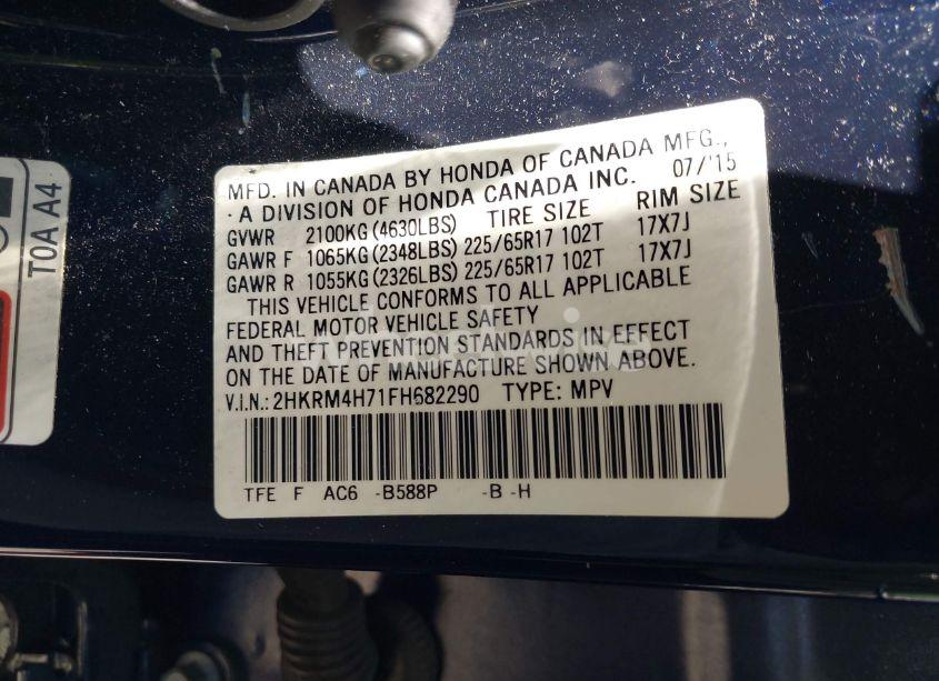 Photo 9 of 2015 Honda Cr-v EX-L (VIN 2HKRM4H71FH682290)