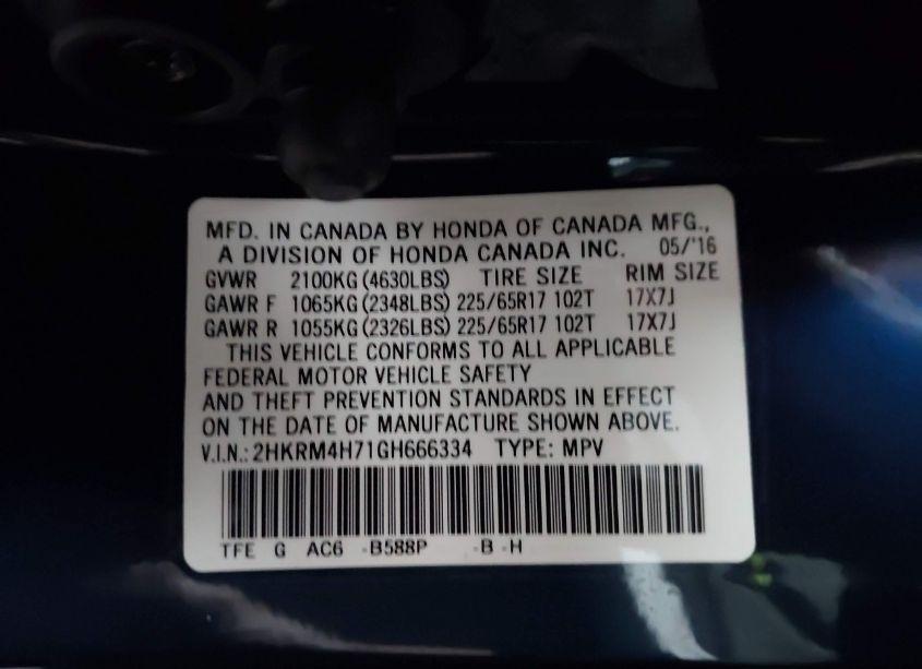 Photo 9 of 2016 Honda Cr-v EX-L (VIN 2HKRM4H71GH666334)