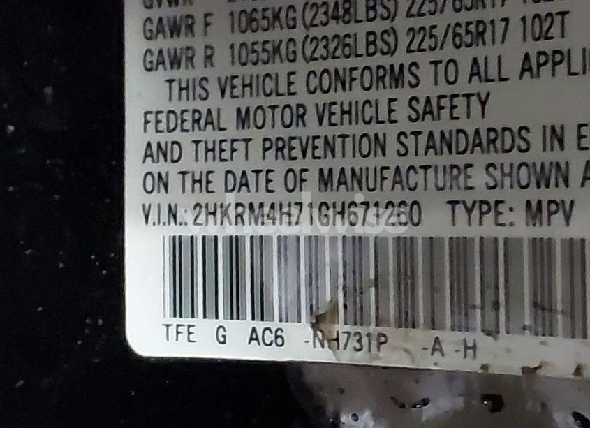 Photo 9 of 2016 Honda Cr-v EX-L (VIN 2HKRM4H71GH671260)