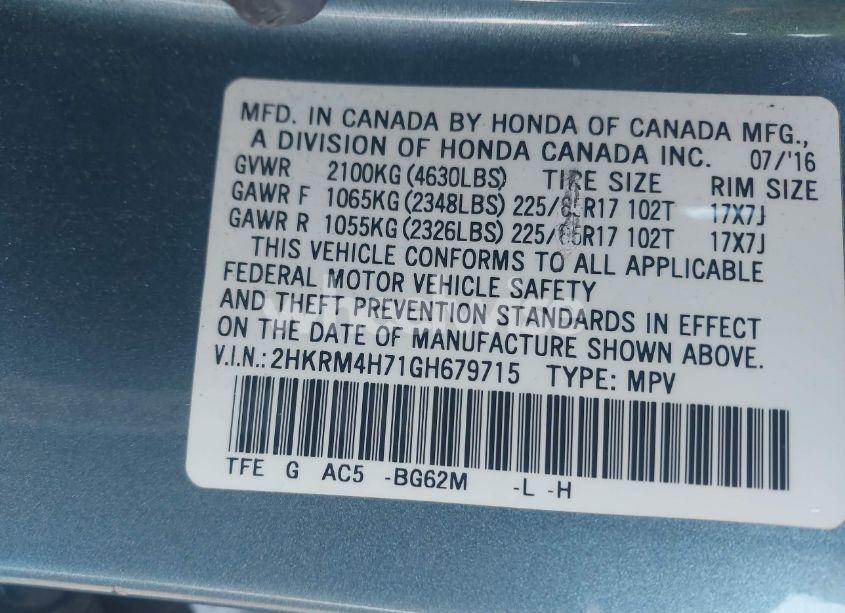 Photo 9 of 2016 Honda Cr-v EX-L (VIN 2HKRM4H71GH679715)