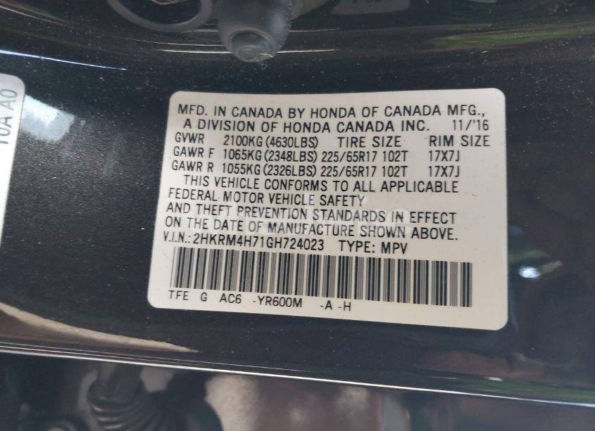 Photo 9 of 2016 Honda Cr-v EX-L (VIN 2HKRM4H71GH724023)