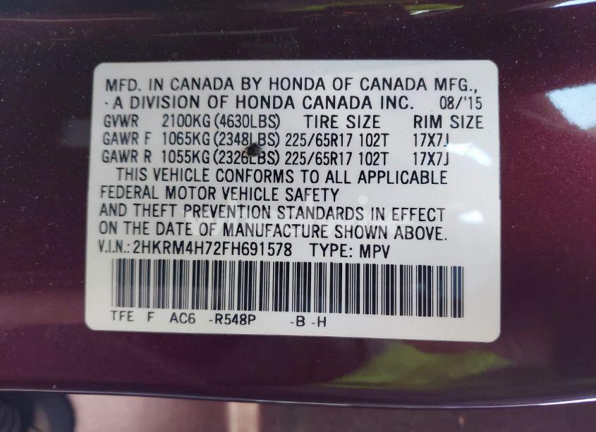 Photo 9 of 2015 Honda Cr-v EX-L (VIN 2HKRM4H72FH691578)