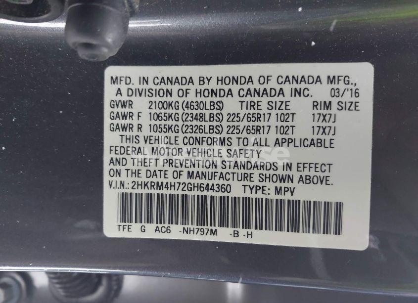 Photo 9 of 2016 Honda Cr-v EX-L (VIN 2HKRM4H72GH644360)