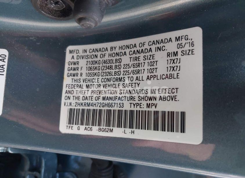 Photo 9 of 2016 Honda Cr-v EX-L (VIN 2HKRM4H72GH667153)