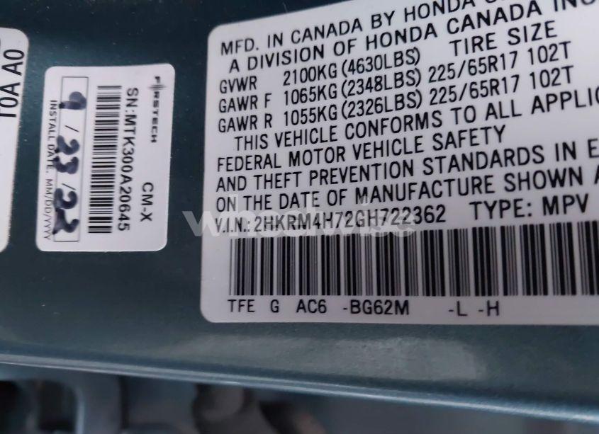 Photo 9 of 2016 Honda Cr-v EX-L (VIN 2HKRM4H72GH722362)