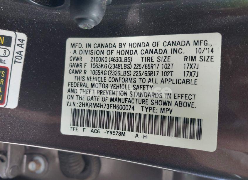 Photo 9 of 2015 Honda Cr-v EX-L (VIN 2HKRM4H73FH600074)