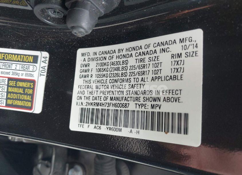 Photo 9 of 2015 Honda Cr-v EX-L (VIN 2HKRM4H73FH600687)