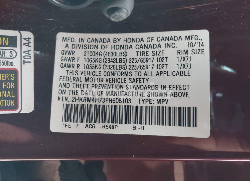 Photo 9 of 2015 Honda Cr-v EX-L (VIN 2HKRM4H73FH606103)