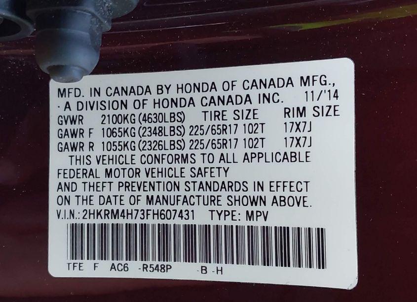 Photo 9 of 2015 Honda Cr-v EX-L (VIN 2HKRM4H73FH607431)