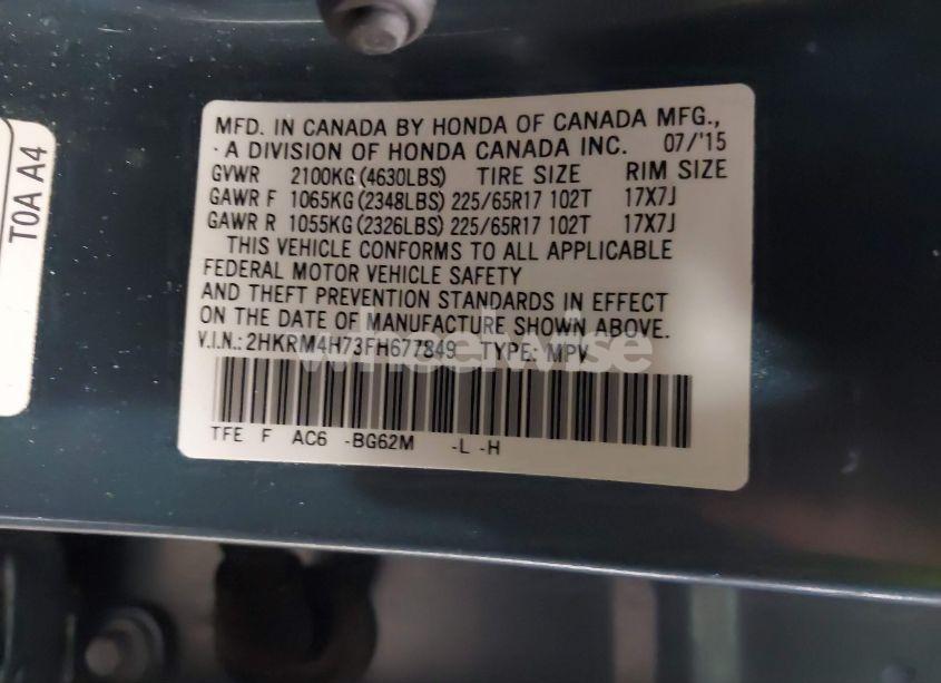 Photo 9 of 2015 Honda Cr-v EX-L (VIN 2HKRM4H73FH677849)