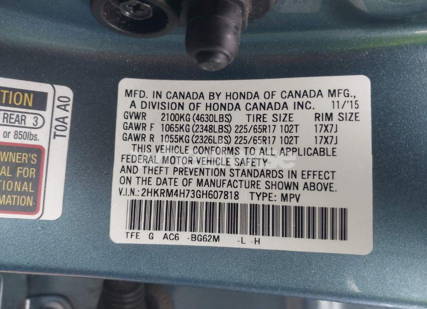 Photo 9 of 2016 Honda Cr-v EX-L (VIN 2HKRM4H73GH607818)