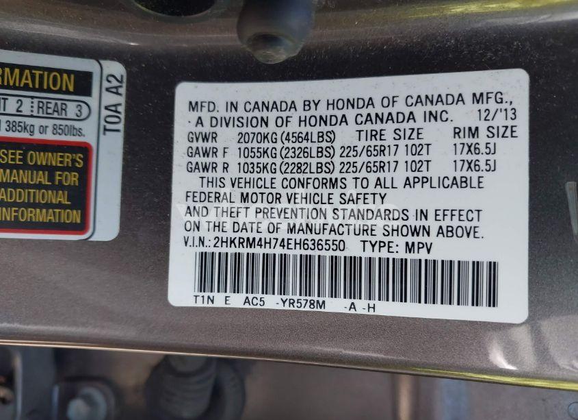 Photo 9 of 2014 Honda Cr-v EX-L (VIN 2HKRM4H74EH636550)