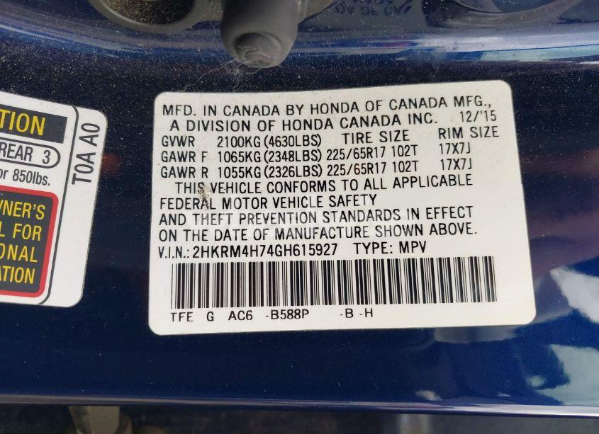 Photo 9 of 2016 Honda Cr-v EX-L (VIN 2HKRM4H74GH615927)