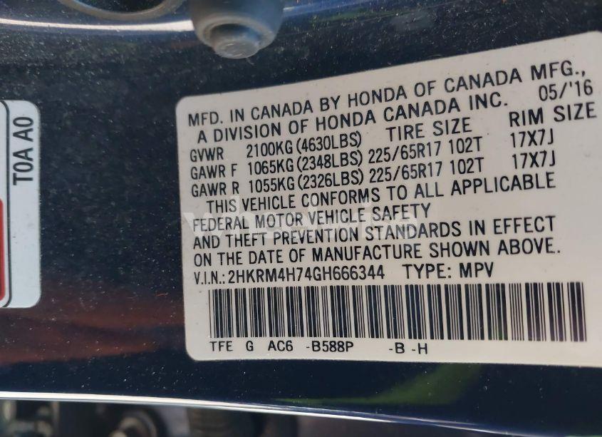 Photo 9 of 2016 Honda Cr-v EX-L (VIN 2HKRM4H74GH666344)