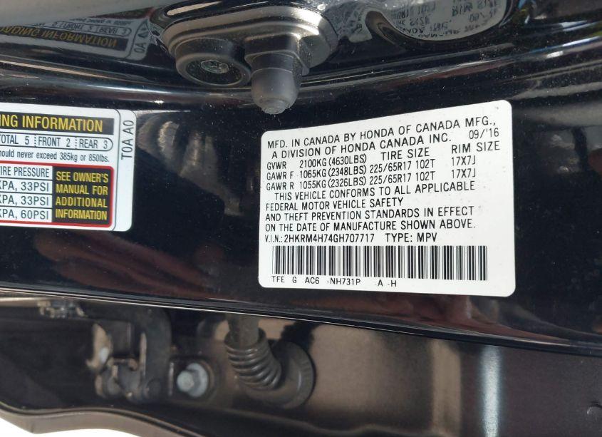 Photo 9 of 2016 Honda Cr-v EX-L (VIN 2HKRM4H74GH707717)