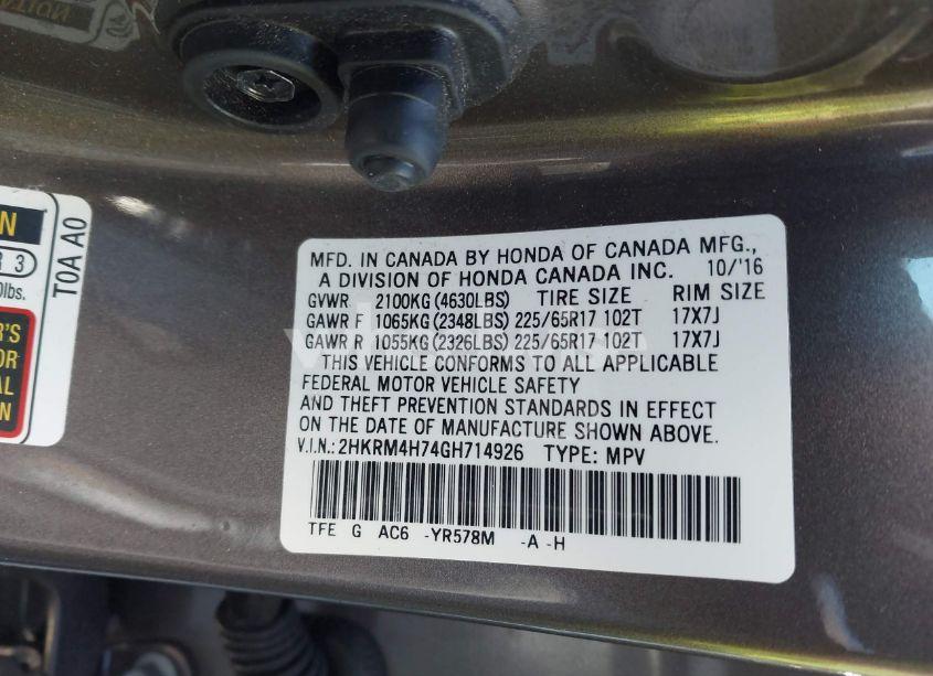 Photo 9 of 2016 Honda Cr-v EX-L (VIN 2HKRM4H74GH714926)