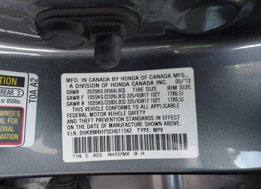 Photo 9 of 2012 Honda Cr-v EX-L (VIN 2HKRM4H75CH611542)