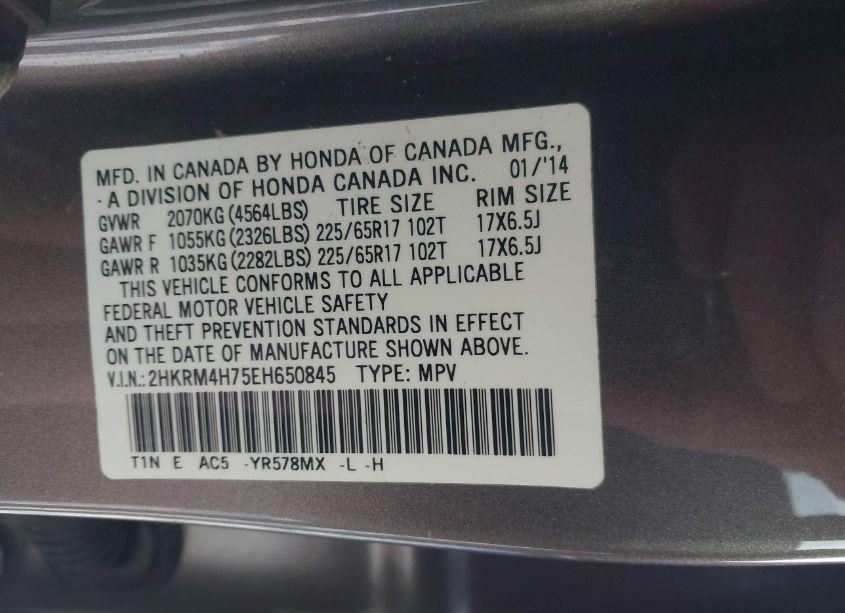 Photo 9 of 2014 Honda Cr-v EX-L (VIN 2HKRM4H75EH650845)