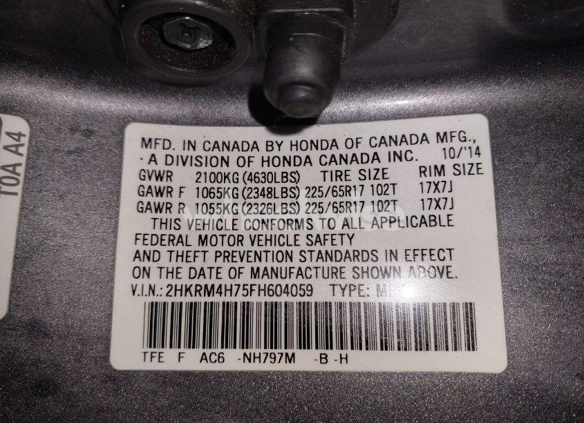 Photo 9 of 2015 Honda Cr-v EX-L (VIN 2HKRM4H75FH604059)