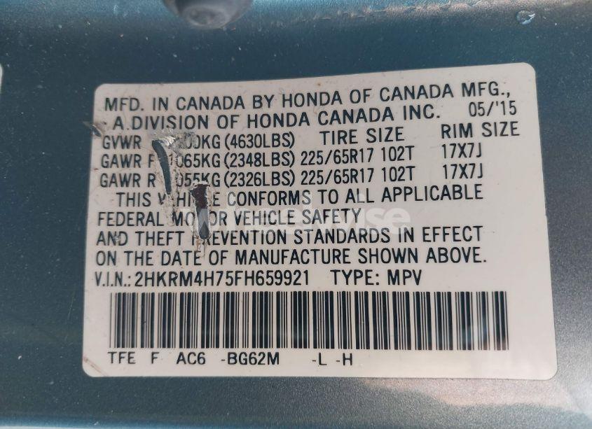 Photo 9 of 2015 Honda Cr-v EX-L (VIN 2HKRM4H75FH659921)