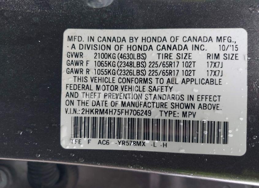 Photo 9 of 2015 Honda Cr-v EX-L (VIN 2HKRM4H75FH706249)