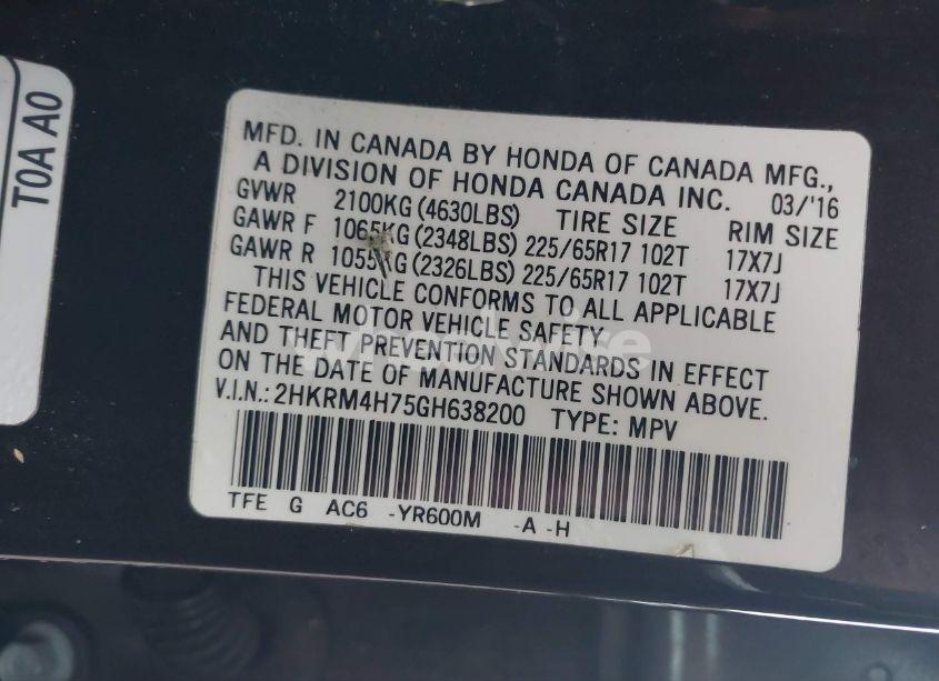 Photo 9 of 2016 Honda Cr-v EX-L (VIN 2HKRM4H75GH638200)