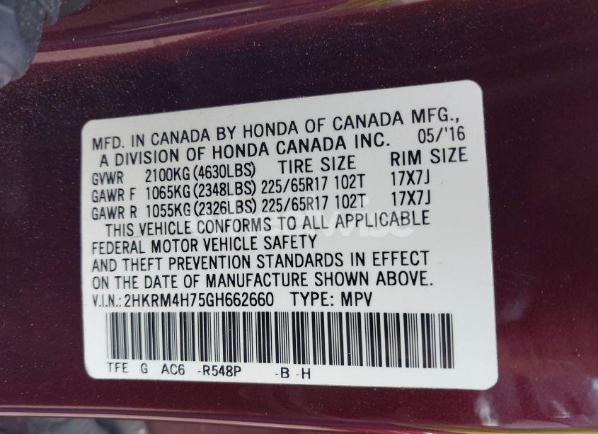 Photo 9 of 2016 Honda Cr-v EX-L (VIN 2HKRM4H75GH662660)