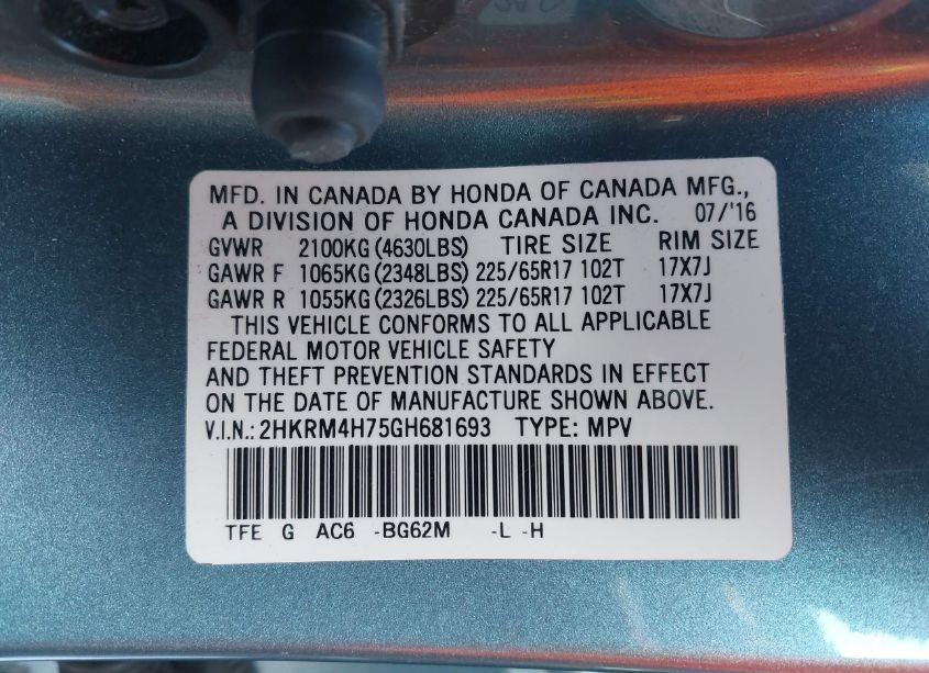 Photo 9 of 2016 Honda Cr-v EX-L (VIN 2HKRM4H75GH681693)