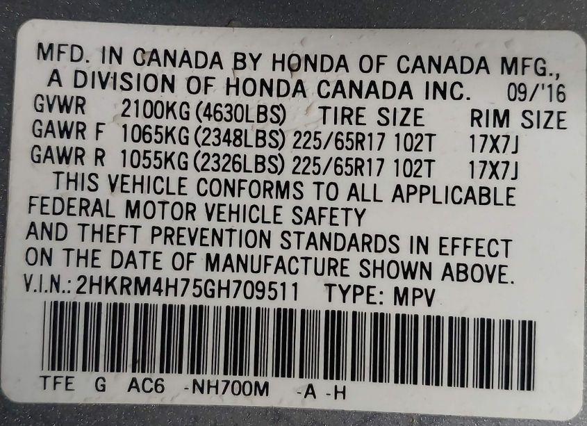 Photo 9 of 2016 Honda Cr-v EX-L (VIN 2HKRM4H75GH709511)