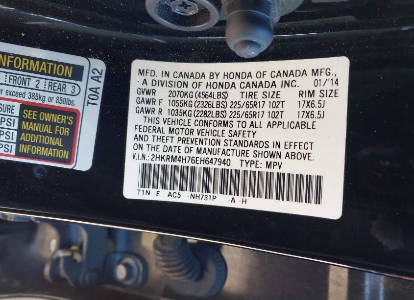 Photo 9 of 2014 Honda Cr-v EX-L (VIN 2HKRM4H76EH647940)