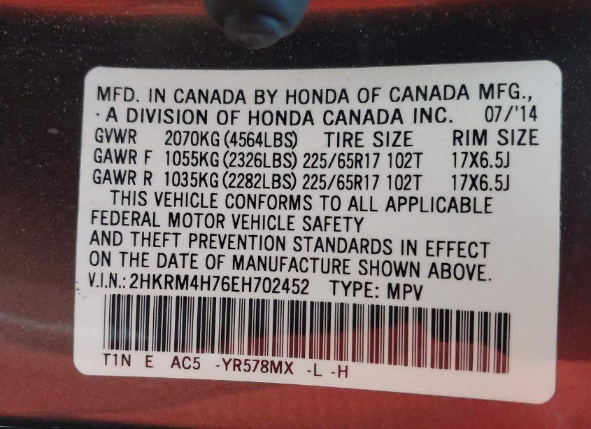 Photo 9 of 2014 Honda Cr-v EX-L (VIN 2HKRM4H76EH702452)