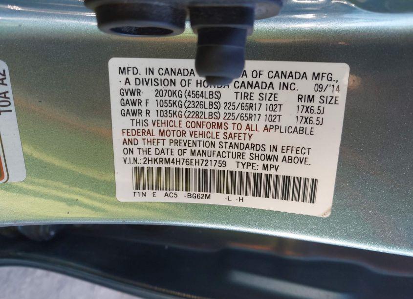 Photo 9 of 2014 Honda Cr-v EX-L (VIN 2HKRM4H76EH721759)