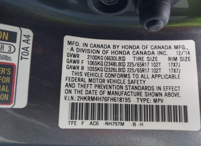 Photo 9 of 2015 Honda Cr-v EX-L (VIN 2HKRM4H76FH618195)