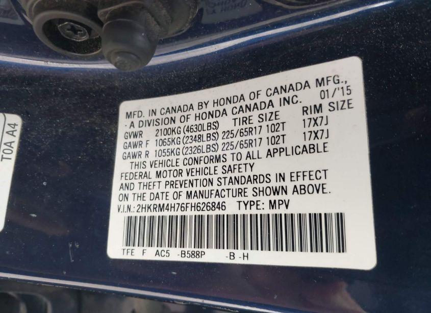 Photo 9 of 2015 Honda Cr-v EX-L (VIN 2HKRM4H76FH626846)