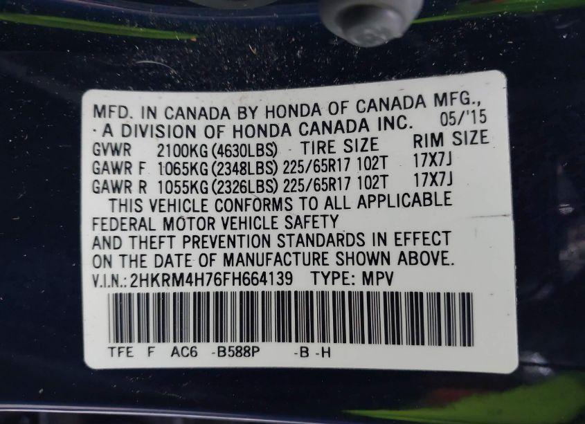 Photo 9 of 2015 Honda Cr-v EX-L (VIN 2HKRM4H76FH664139)