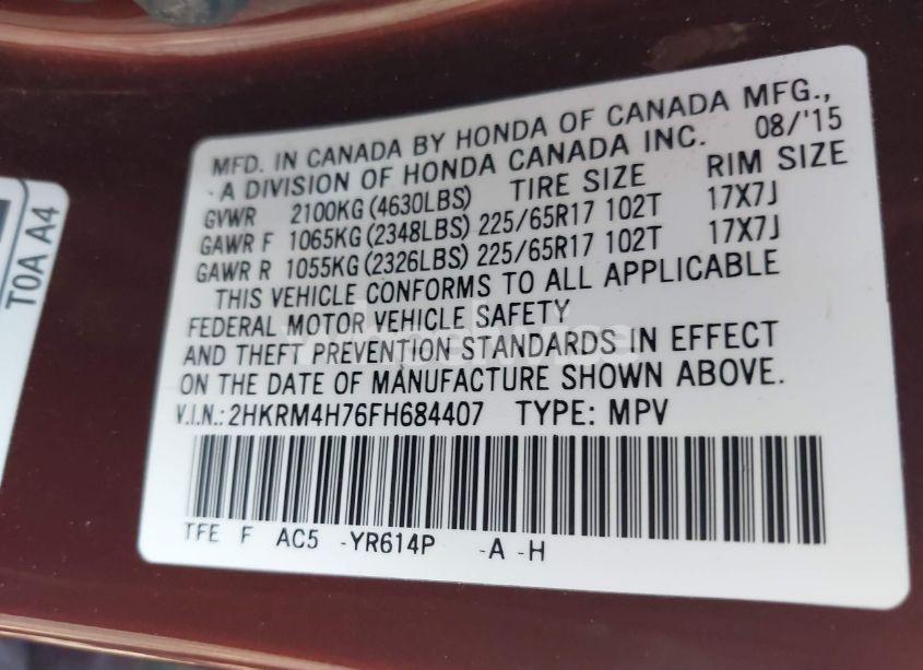 Photo 9 of 2015 Honda Cr-v EX-L (VIN 2HKRM4H76FH684407)