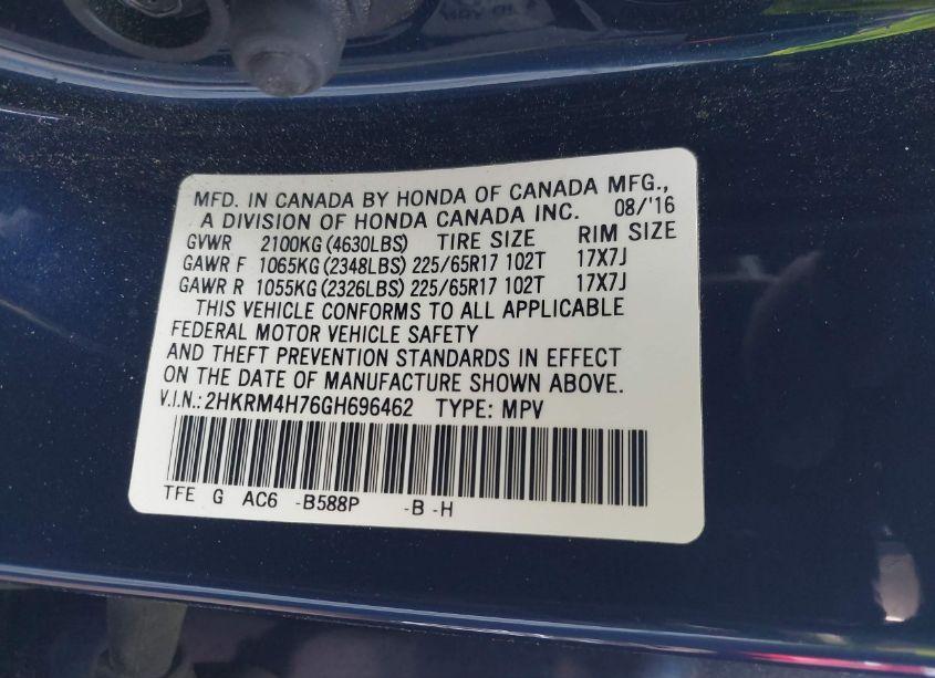 Photo 9 of 2016 Honda Cr-v EX-L (VIN 2HKRM4H76GH696462)