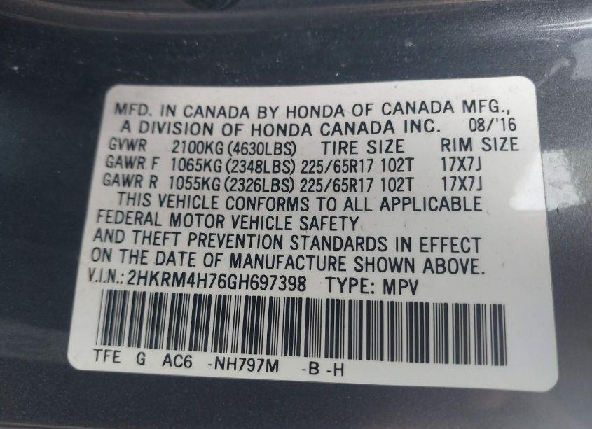 Photo 9 of 2016 Honda Cr-v EX-L (VIN 2HKRM4H76GH697398)