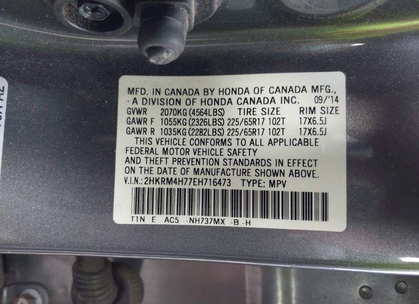 Photo 9 of 2014 Honda Cr-v EX-L (VIN 2HKRM4H77EH716473)