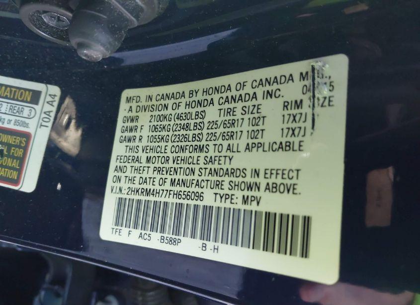 Photo 9 of 2015 Honda Cr-v EX-L (VIN 2HKRM4H77FH656096)