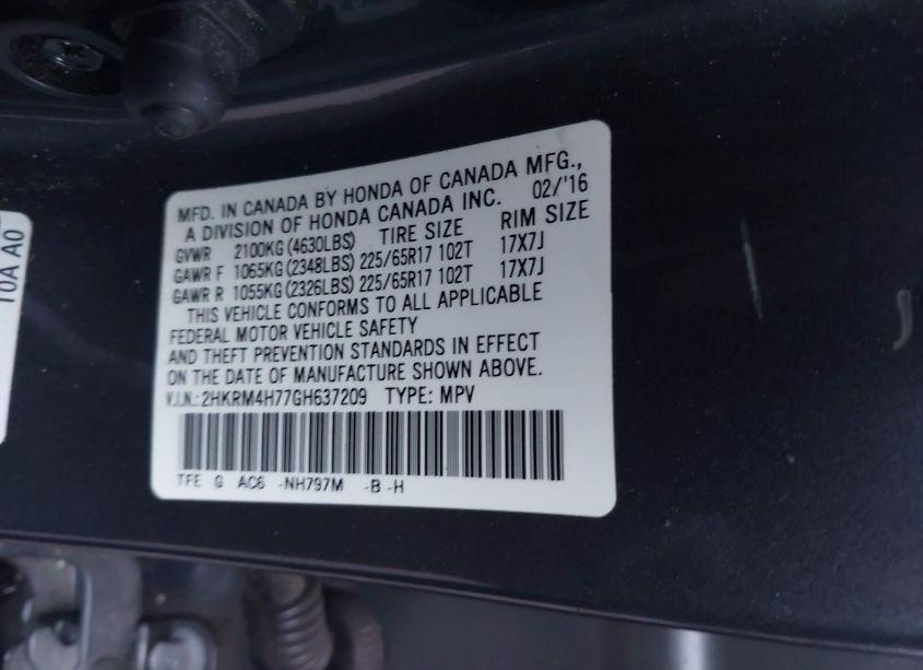 Photo 9 of 2016 Honda Cr-v EX-L (VIN 2HKRM4H77GH637209)