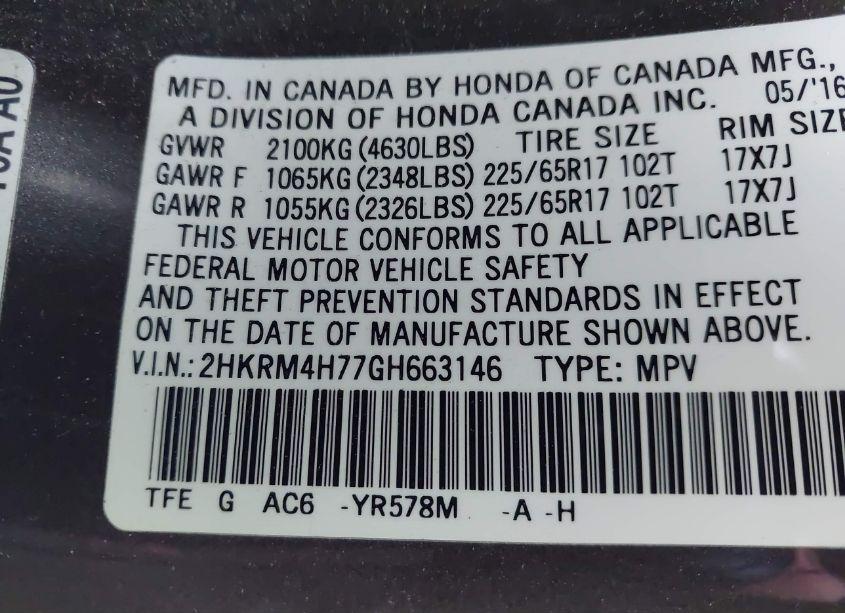 Photo 9 of 2016 Honda Cr-v EX-L (VIN 2HKRM4H77GH663146)