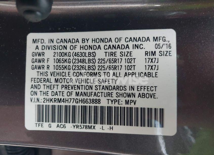 Photo 9 of 2016 Honda Cr-v EX-L (VIN 2HKRM4H77GH663888)