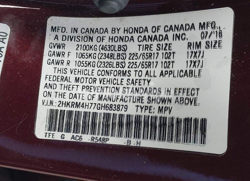 Photo 9 of 2016 Honda Cr-v EX-L (VIN 2HKRM4H77GH683879)