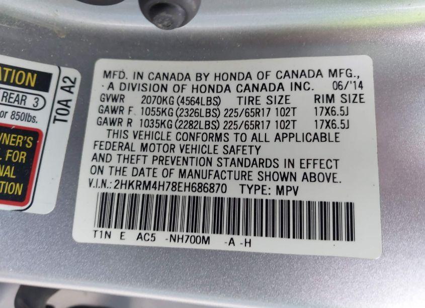 Photo 9 of 2014 Honda Cr-v EX-L (VIN 2HKRM4H78EH686870)