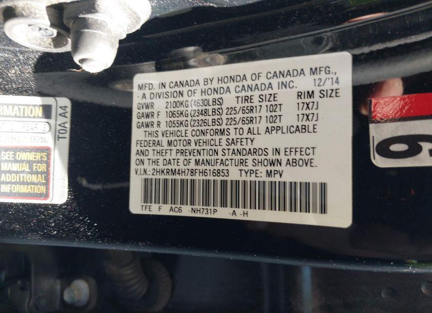 Photo 9 of 2015 Honda Cr-v EX-L (VIN 2HKRM4H78FH616853)