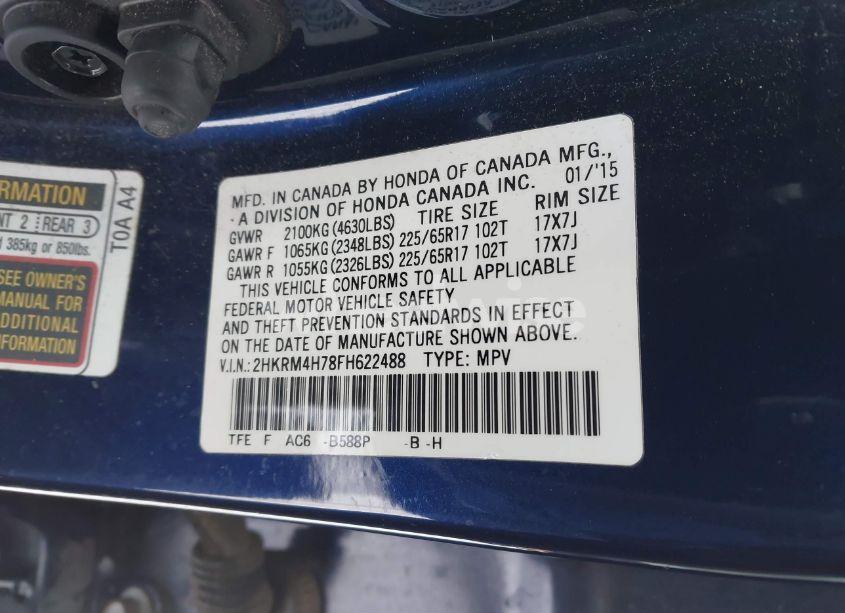 Photo 9 of 2015 Honda Cr-v EX-L (VIN 2HKRM4H78FH622488)