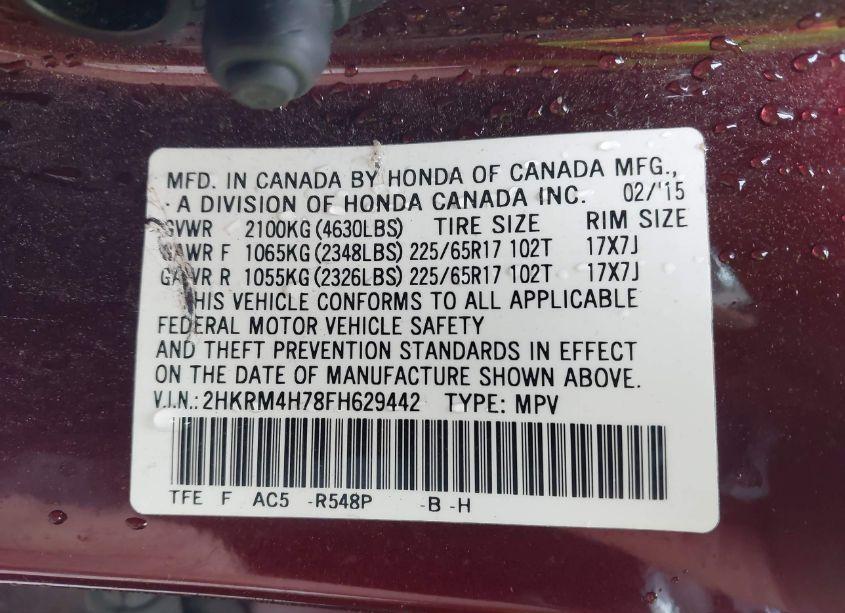 Photo 9 of 2015 Honda Cr-v EX-L (VIN 2HKRM4H78FH629442)