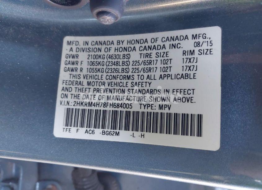 Photo 9 of 2015 Honda Cr-v EX-L (VIN 2HKRM4H78FH684005)